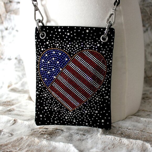 Patriotic Red White Blue Rhinestone Bling Black Hobo Crossbody Mini Phone Bag - Picture 1 of 13